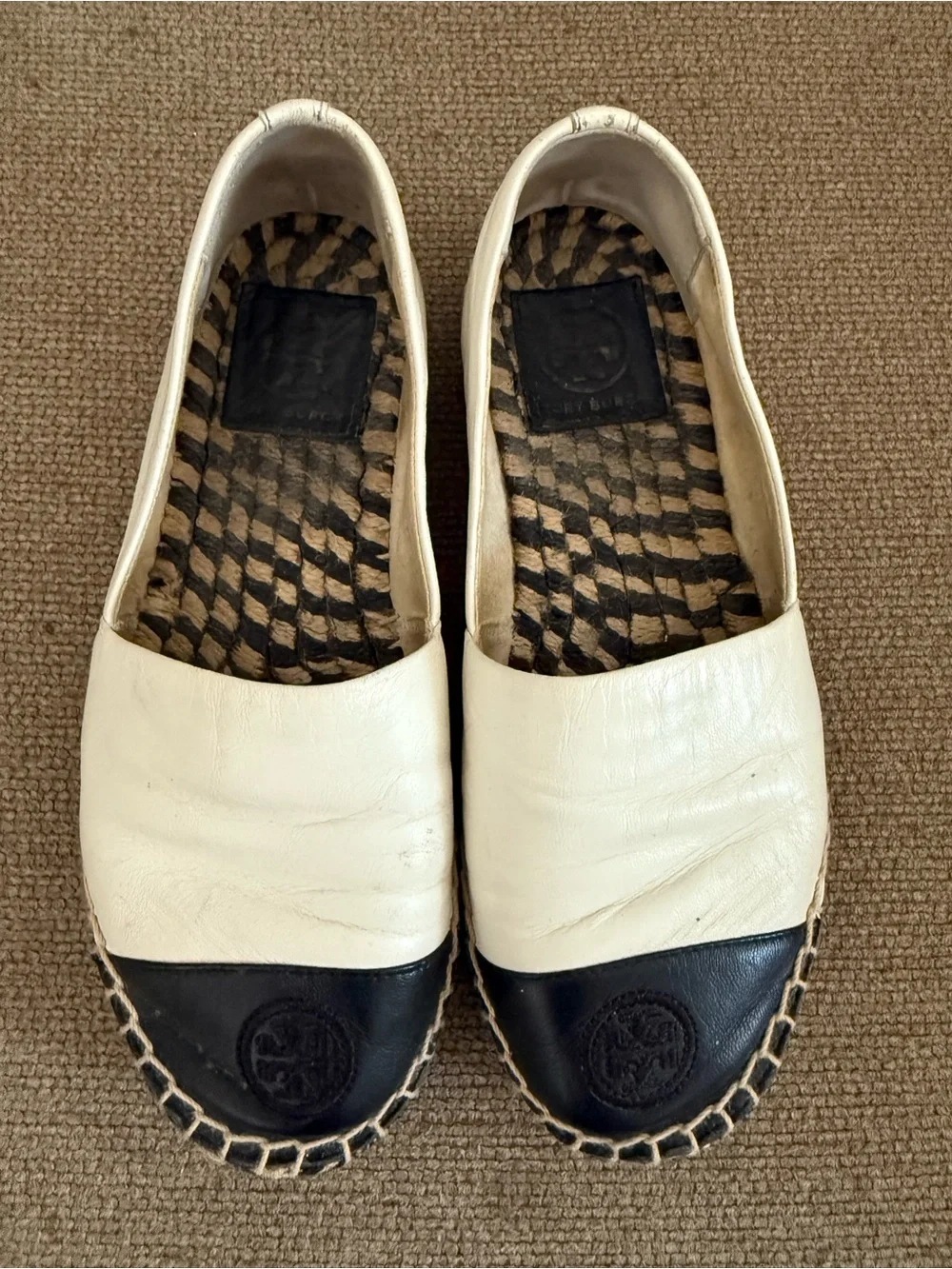 Tory Burch Two-Tone Cream and Black Leather Espadrilles